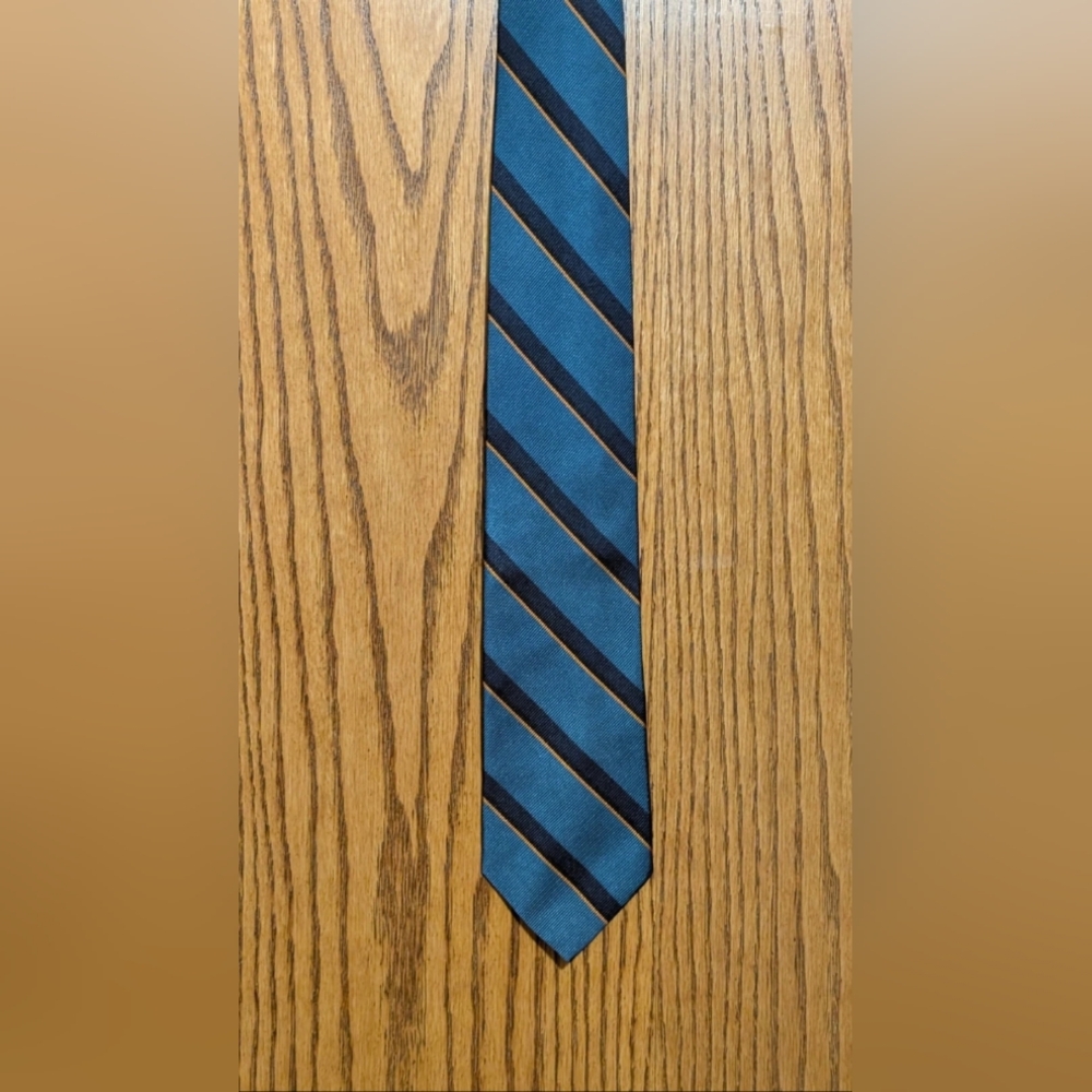 J. Crew Mens Teak, Black, and Orange Striped Tie